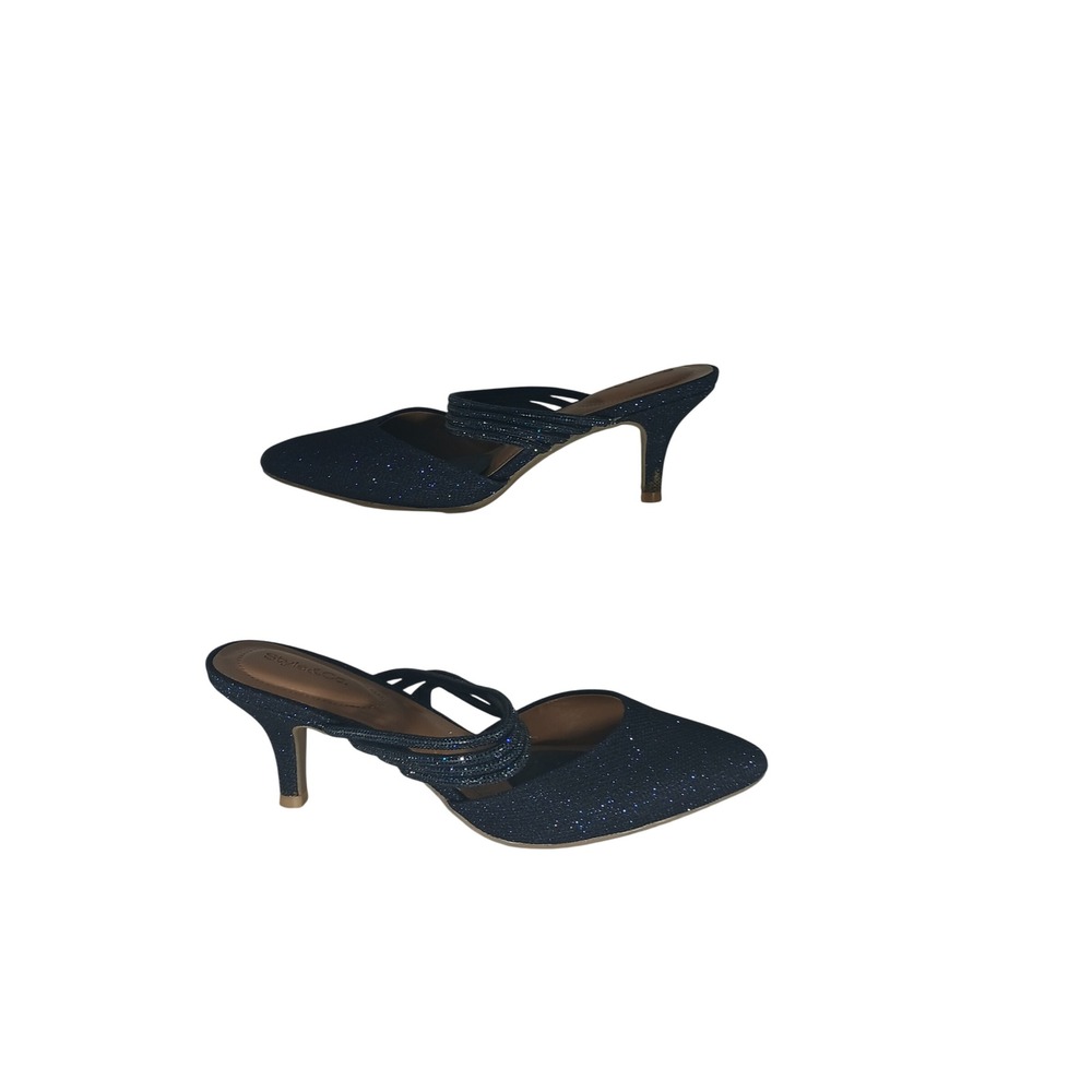Style & Co Gennesi Mules 8.5 Navy Blue Glitter Kitten Heel Pointed Toe Pumps
